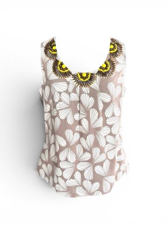 Boden Tops - Boden Taupe Floral Sleeveless Top with Yellow Beaded Neckline